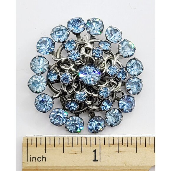Brooch Pin Blue Rhinestone Layered Cluster Silver Tone Round Sparkly Mid-Century - Picture 7 of 8